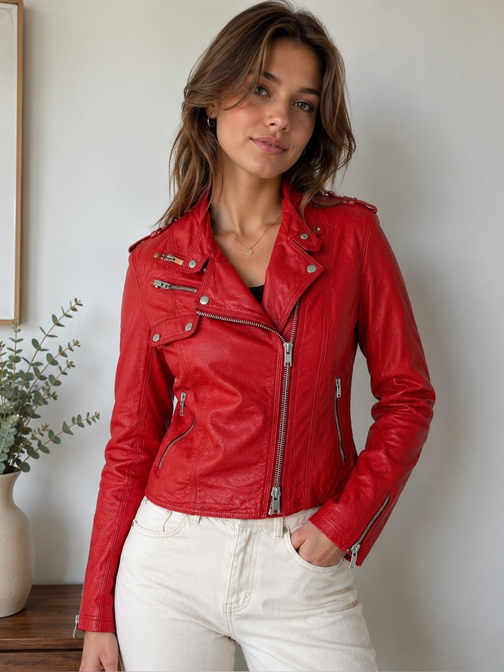 Black Rivet Leather Red Moto Zip Front Jacket | Size Small